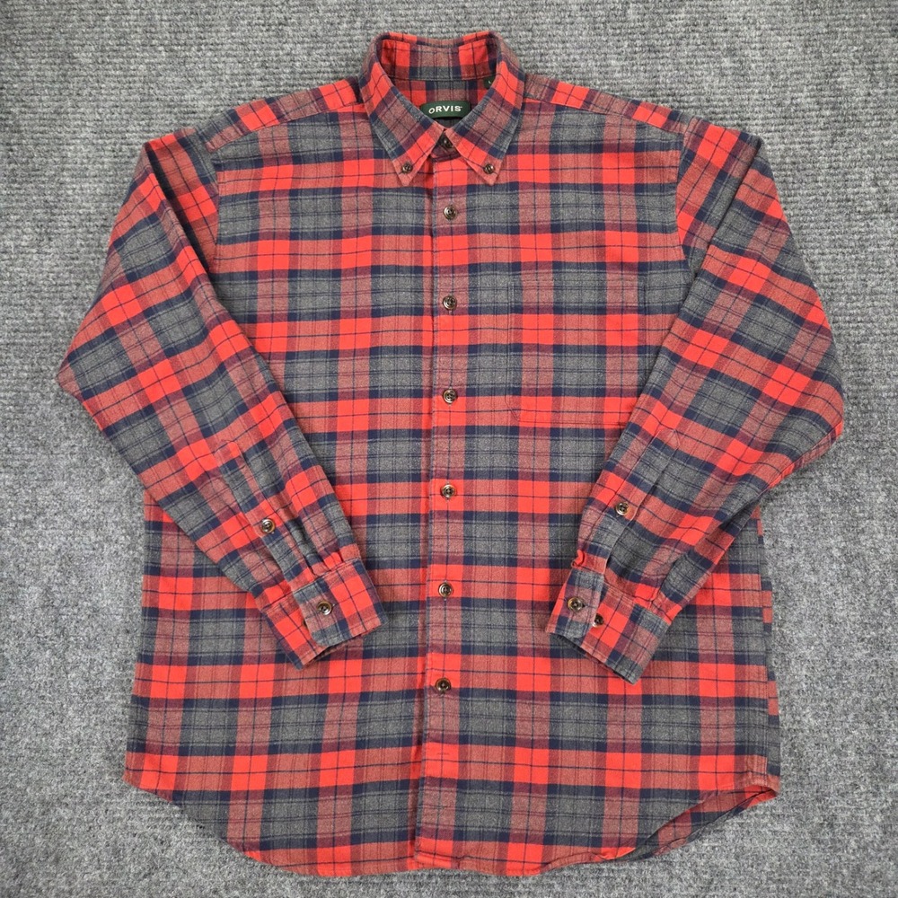 Orvis Luxury Flannel Shirt Mens Large Red Grey Plaid Long Sleeve Button Down